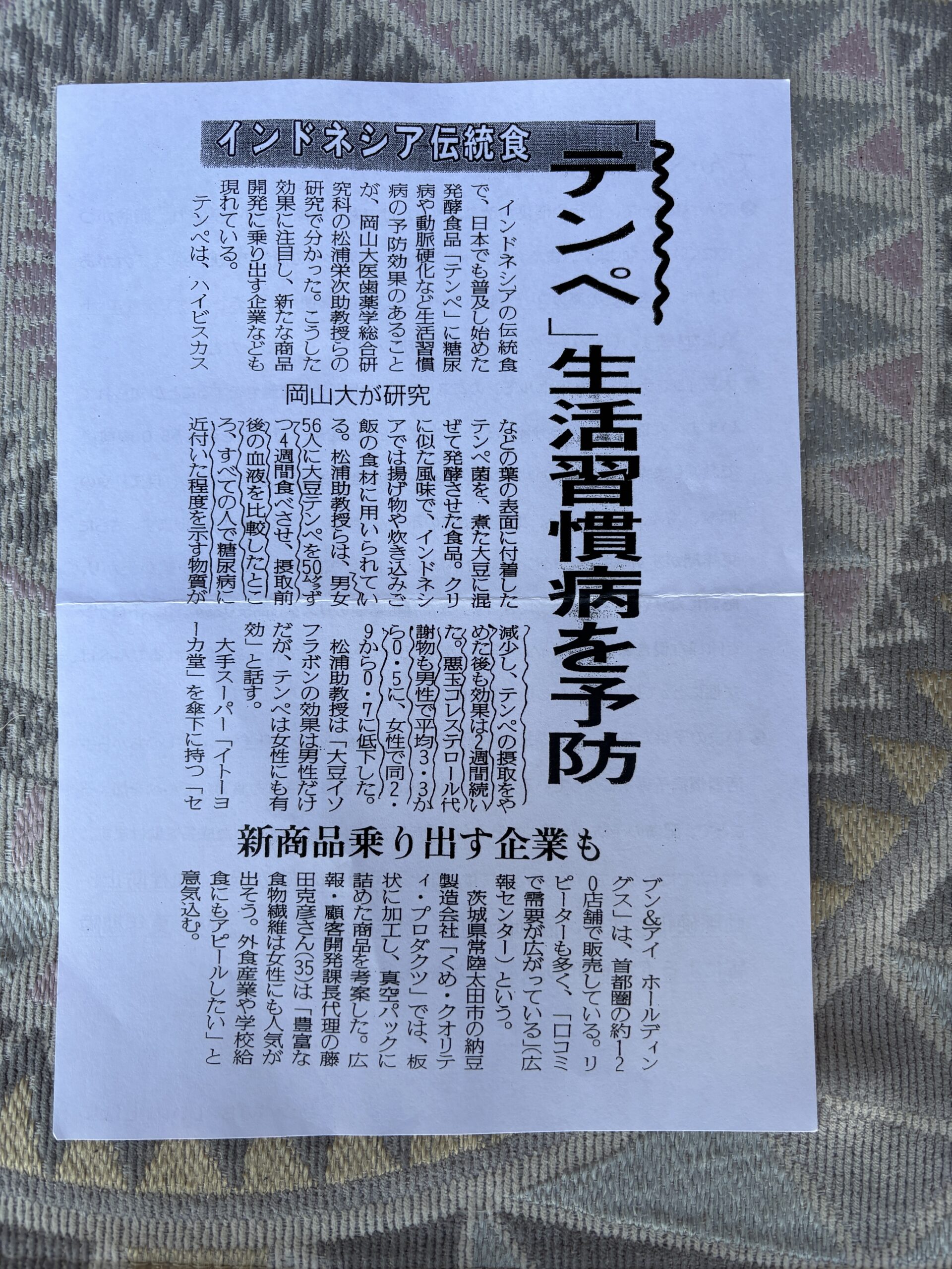 別紙その1の表📰『インドネシア伝統食「テンペ」生活習慣病を予防　岡山大が研究』