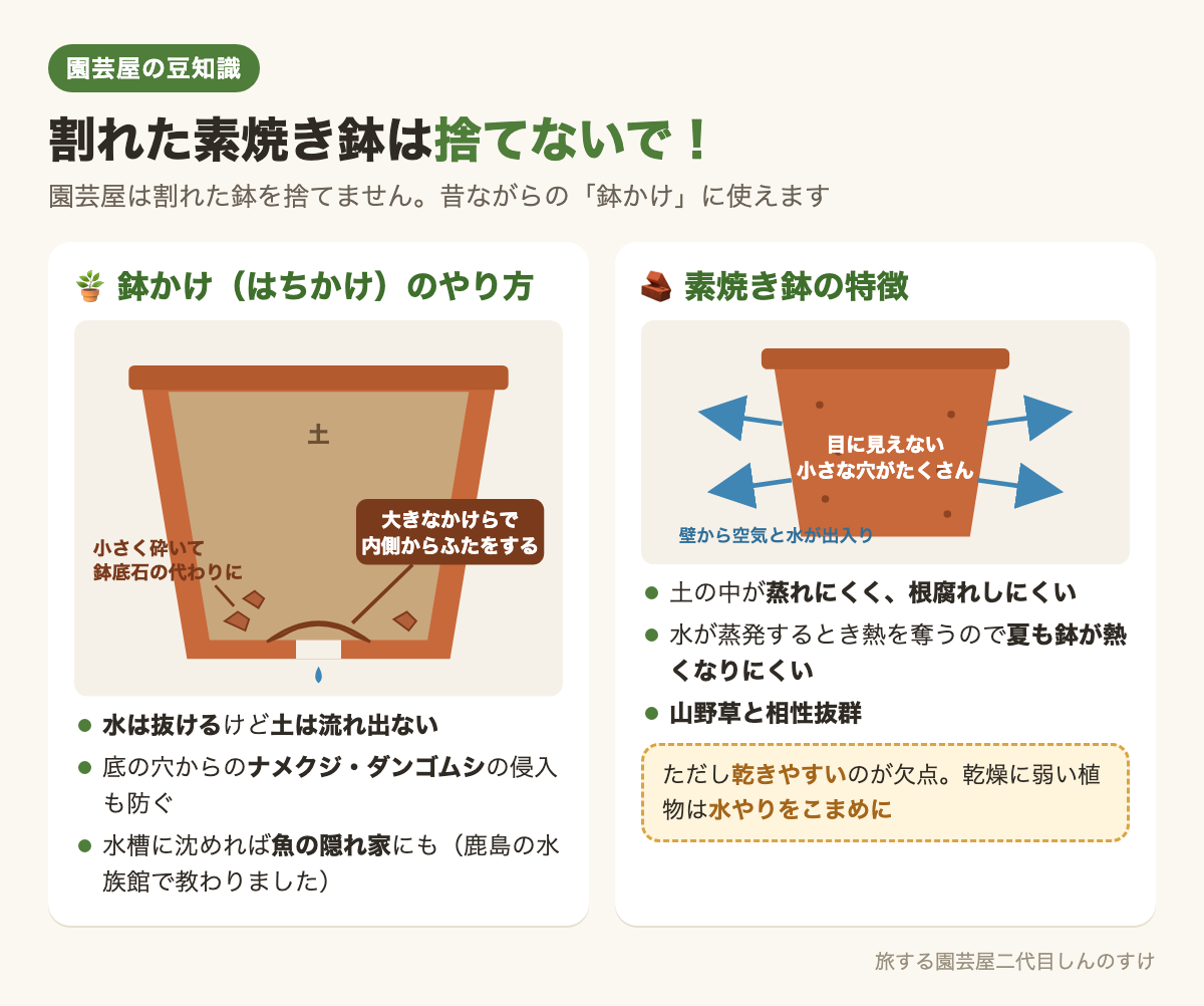 図解：割れた素焼き鉢の再利用『鉢かけ』と素焼き鉢の特徴🪴